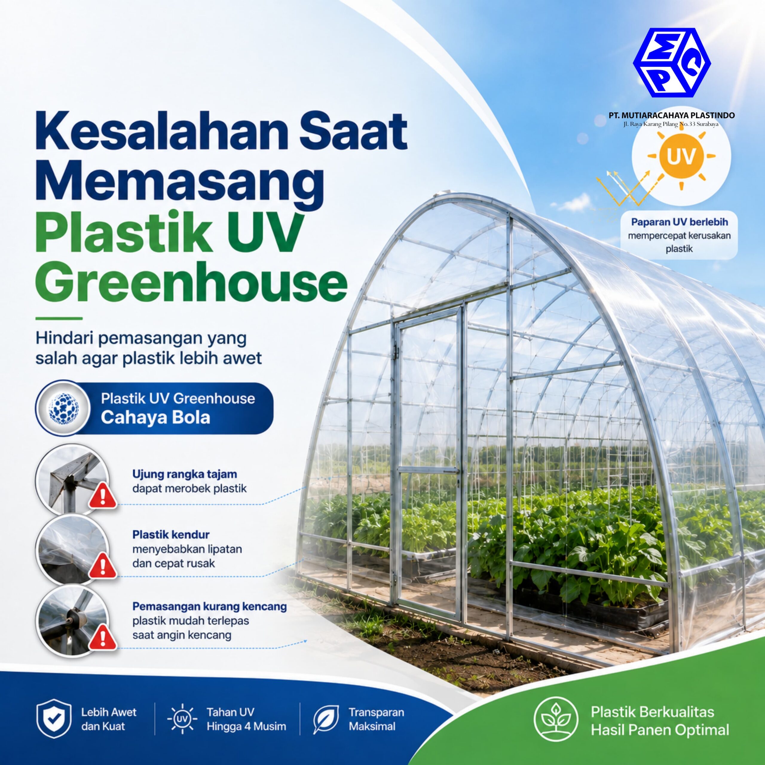 Proses pemasangan plastik UV greenhouse PT Mutiaracahaya Plastindo